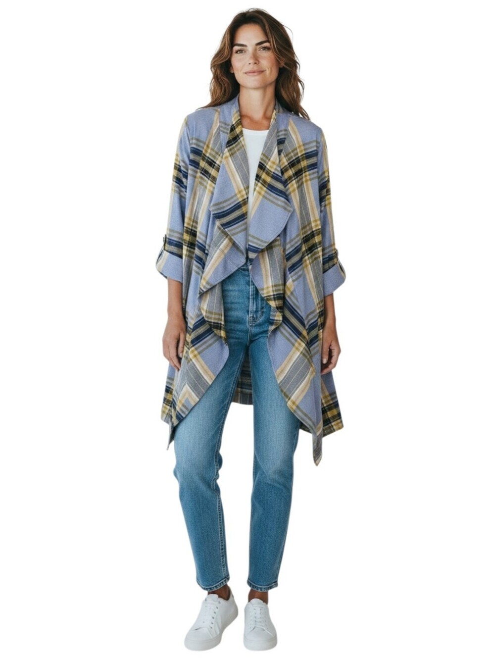 Cato Cotton Plaid Open Waterfall Duster